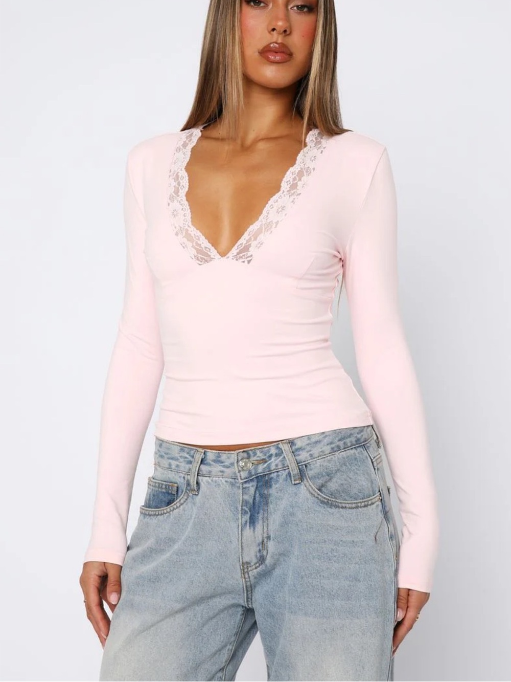 White Fox ~ Knew That All Along Lace Trim Top in Baby Pink Size S